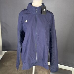 Women’s Under Armour Blue Hooded Warm Up Jacket Loose Fit Full Zip Size L NWT